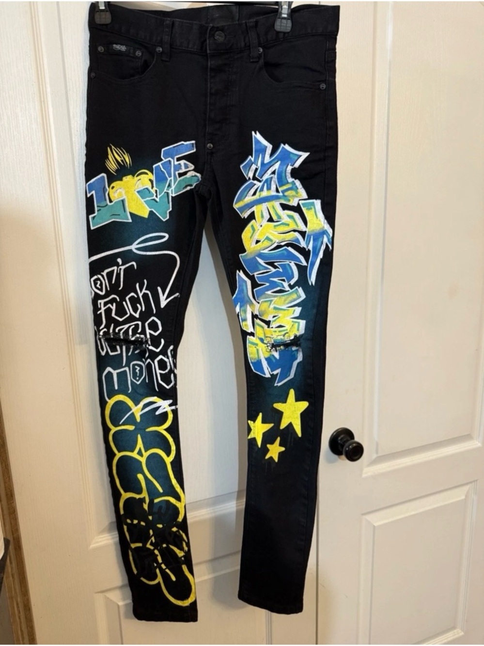 Black Skinny Men’s Jeans with Blue & Yellow Graffiti